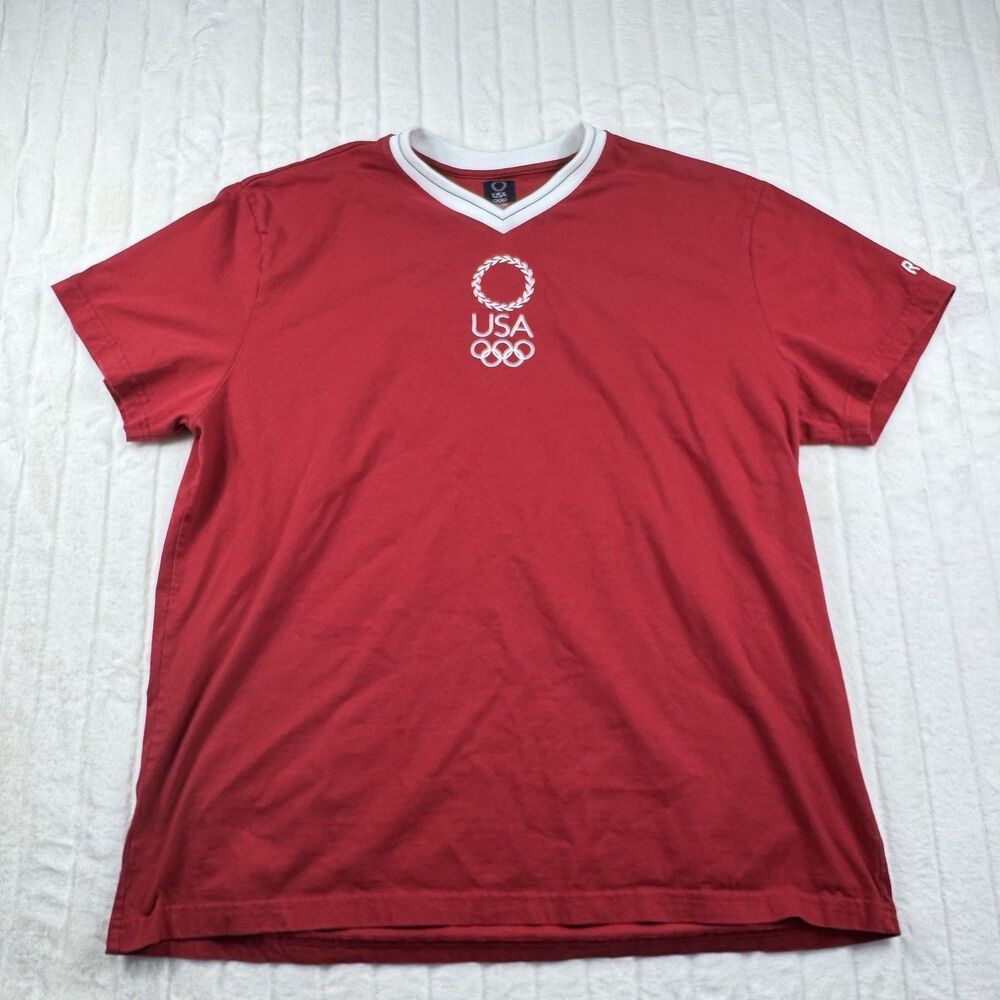 VTG Roots USA Olympic Team V-Neck T-Shirt Men 3XL Embroidered Wreath Logo Read